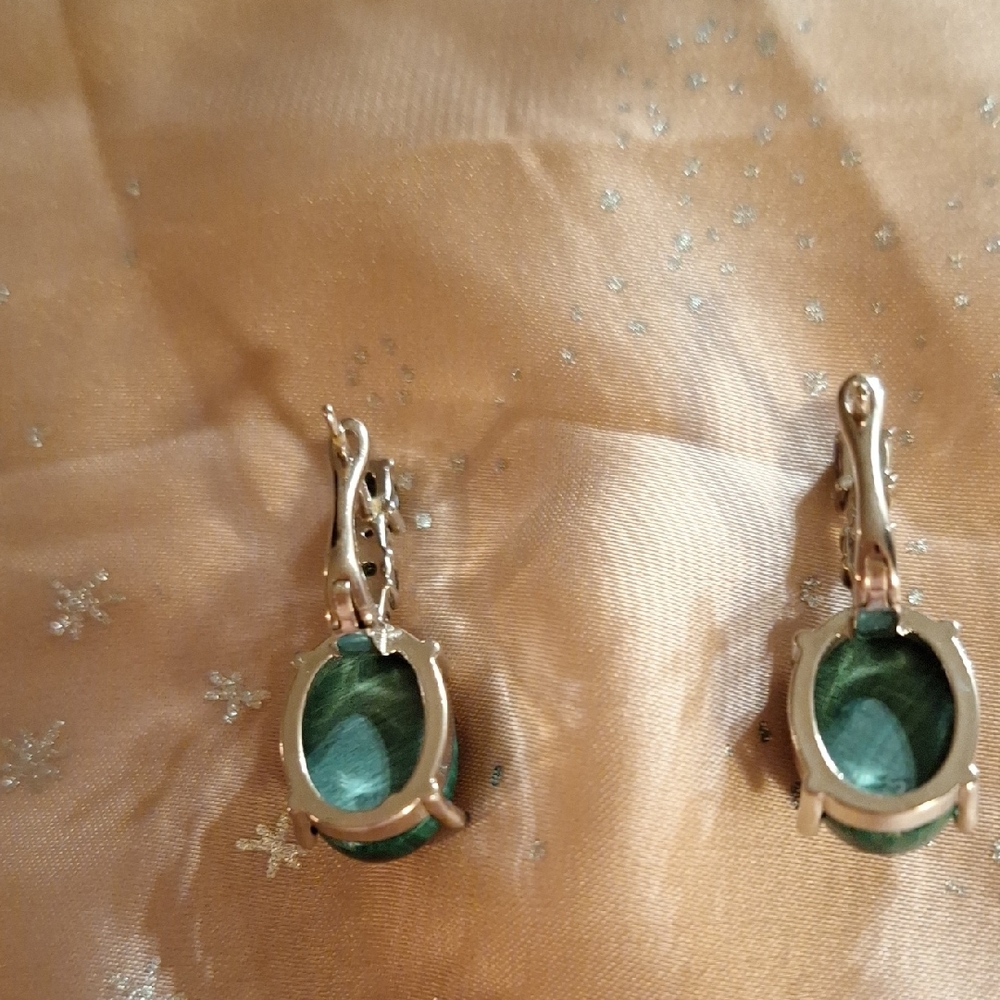 Genuine Malachite, Chrome Diopside, White Sapphire and Sterling Silver Earrings - Picture 3 of 4